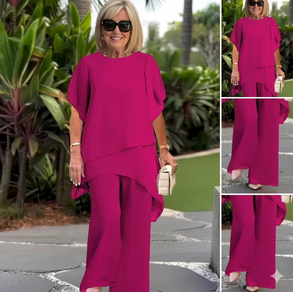 Silvia™ - Conjunto de dos piezas para mujer: top asimétrico y pantalones de pierna ancha