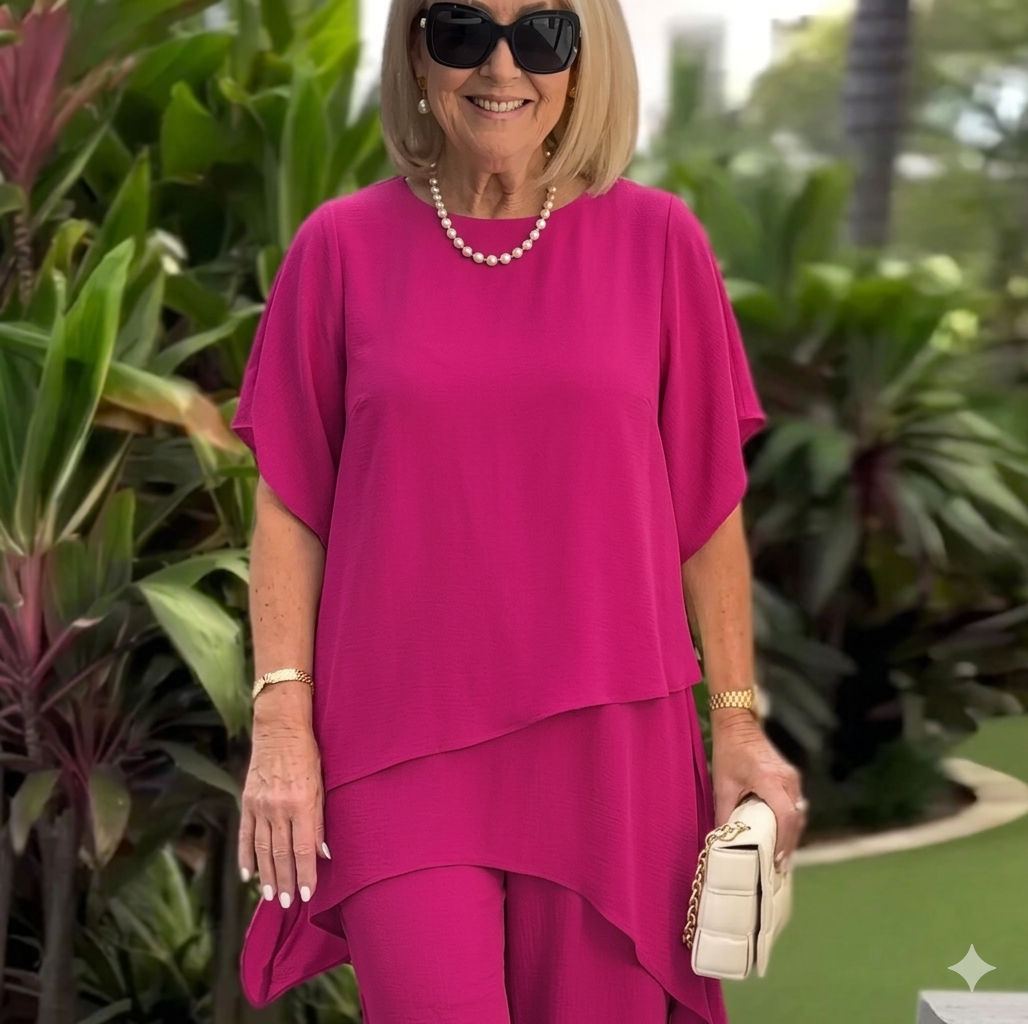 Silvia™ - Conjunto de dos piezas para mujer: top asimétrico y pantalones de pierna ancha